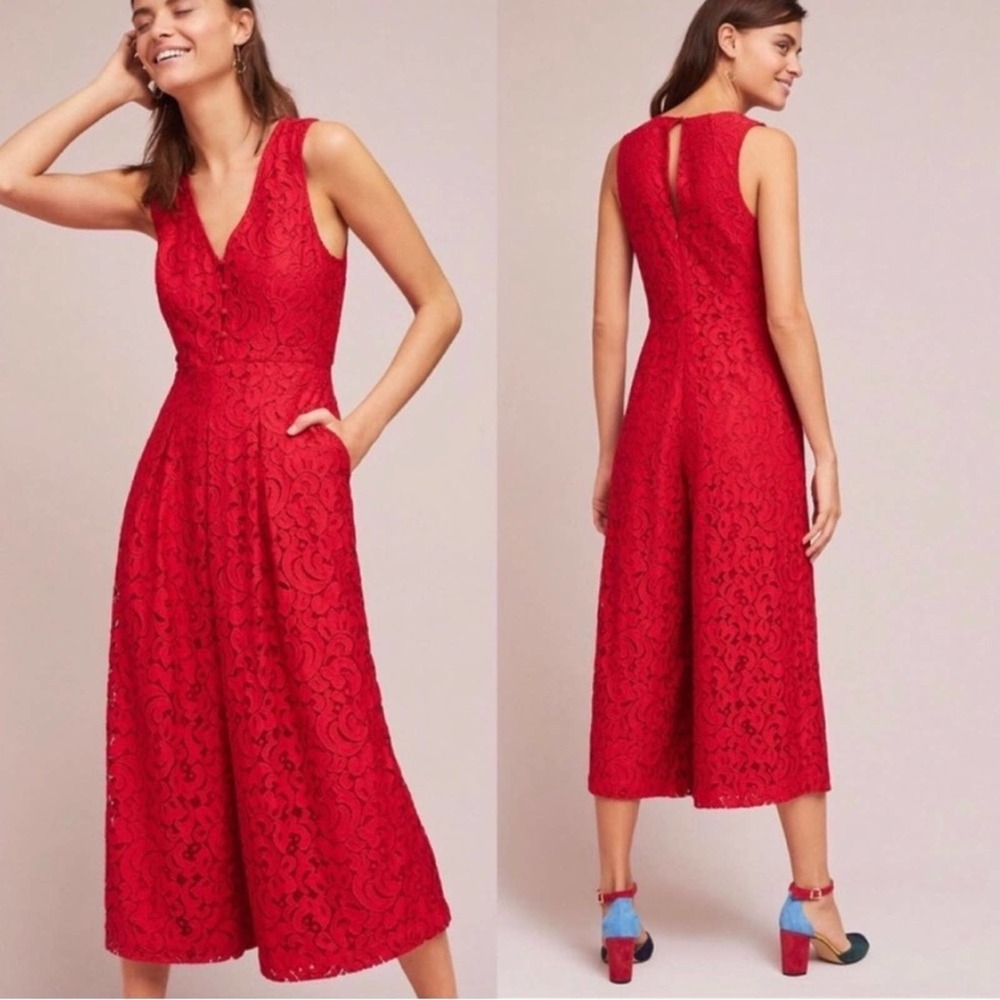 Anthropologie Red Lace Sleeveless Jumpsuit